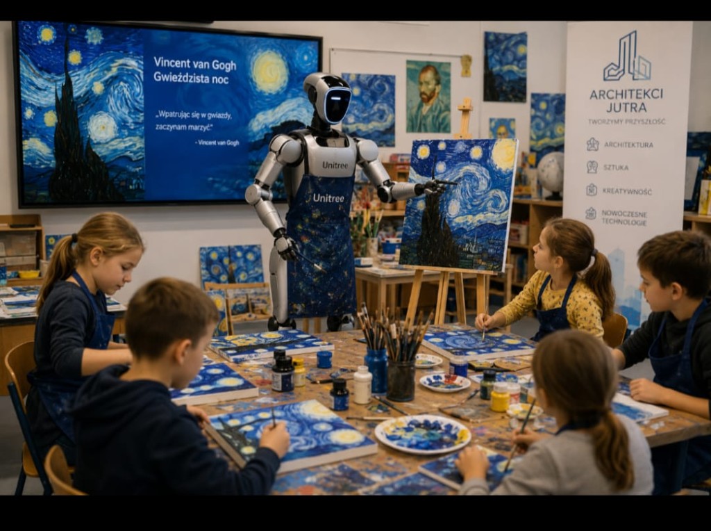 Dzieci podczas warsztatów malują Gwiezdną noc z humanoidalnym robotem